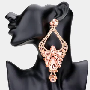 Large Long Peach Crystal Teardrop Rhinestone Embellished Chandelier Earrings | Oversized Earrings | 563433