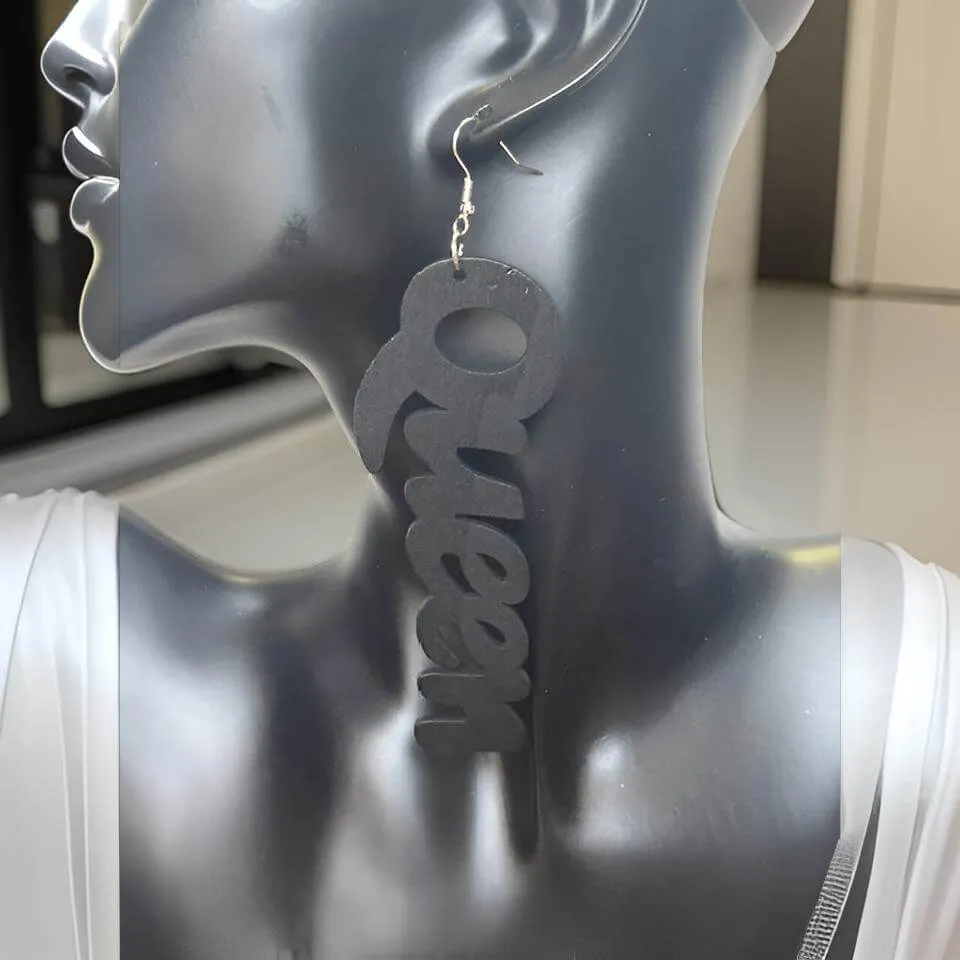Large Wooden QUEEN Dangle Earrings