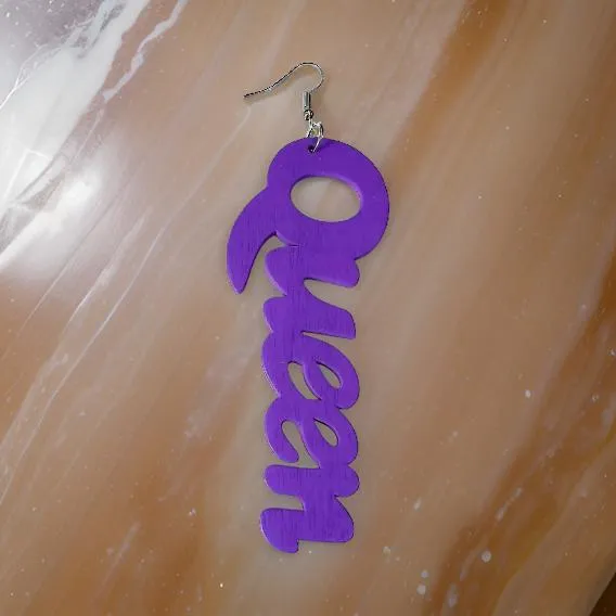 Large Wooden QUEEN Dangle Earrings
