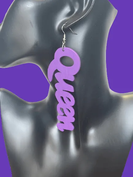 Large Wooden QUEEN Dangle Earrings