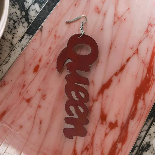 Large Wooden QUEEN Dangle Earrings