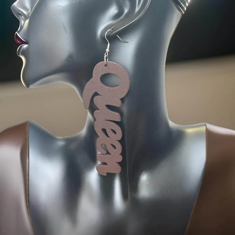 Large Wooden QUEEN Dangle Earrings