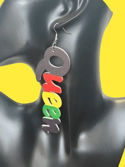 Large Wooden QUEEN Dangle Earrings