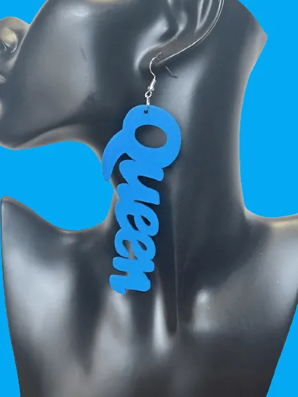 Large Wooden QUEEN Dangle Earrings