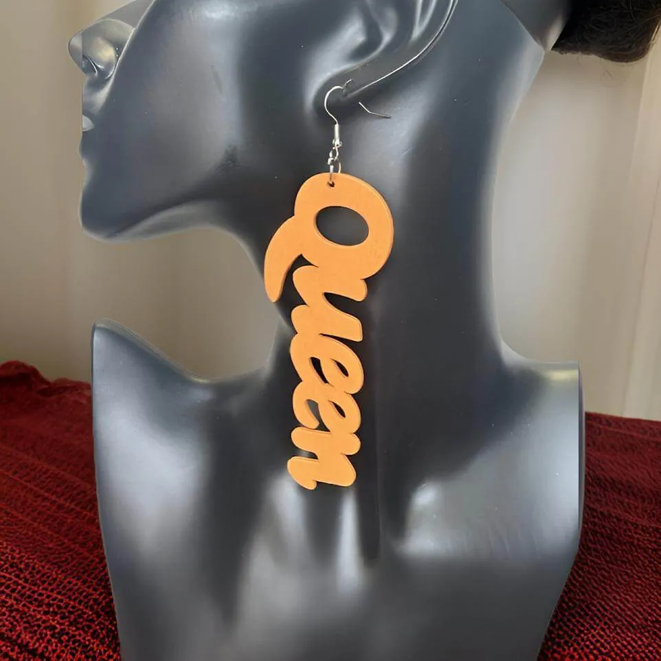 Large Wooden QUEEN Dangle Earrings