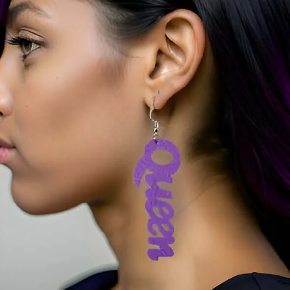 Large Wooden QUEEN Dangle Earrings