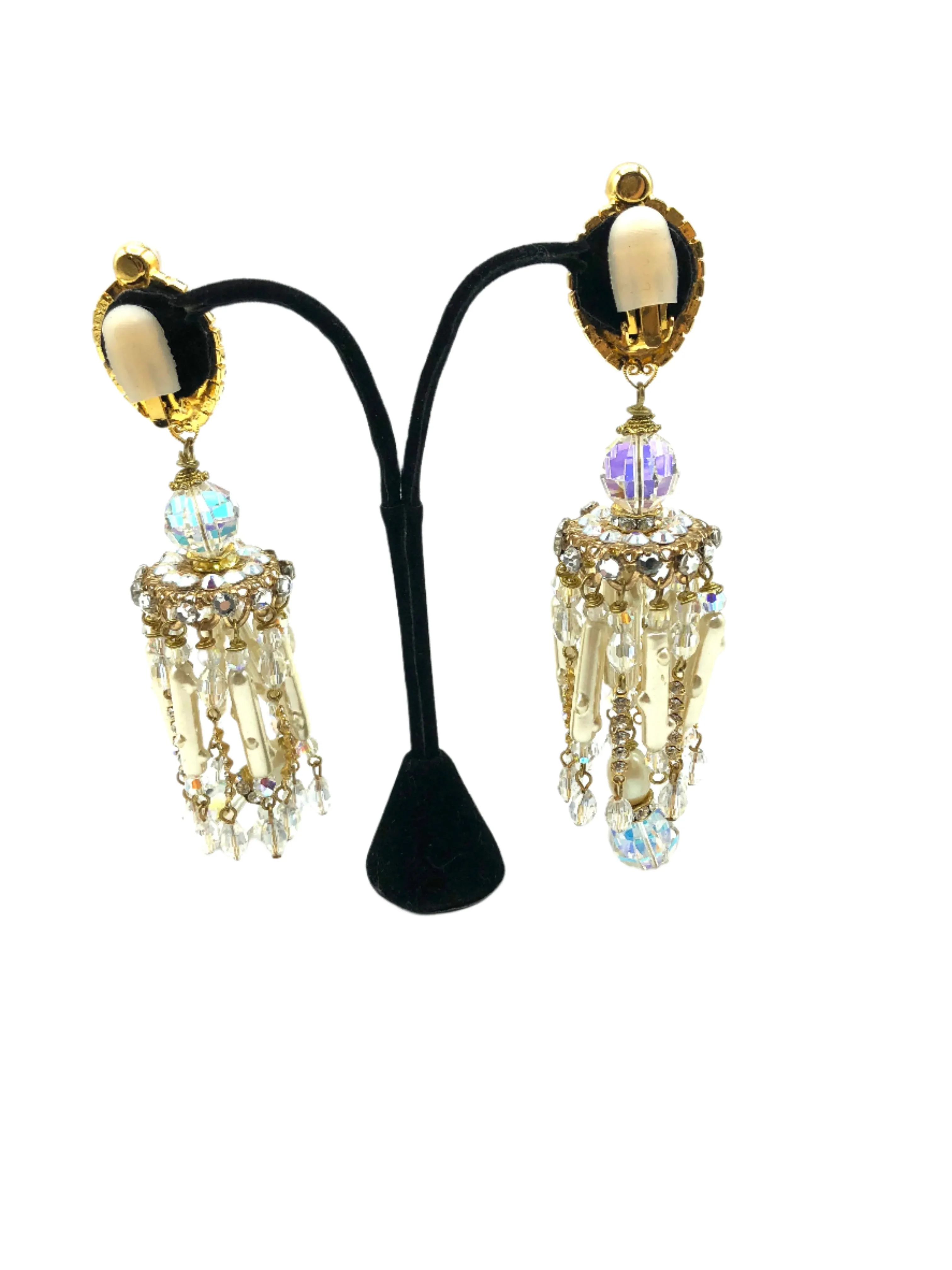 Larry Vrba Massive Rhinestone and Pearl Chandelier Earrings