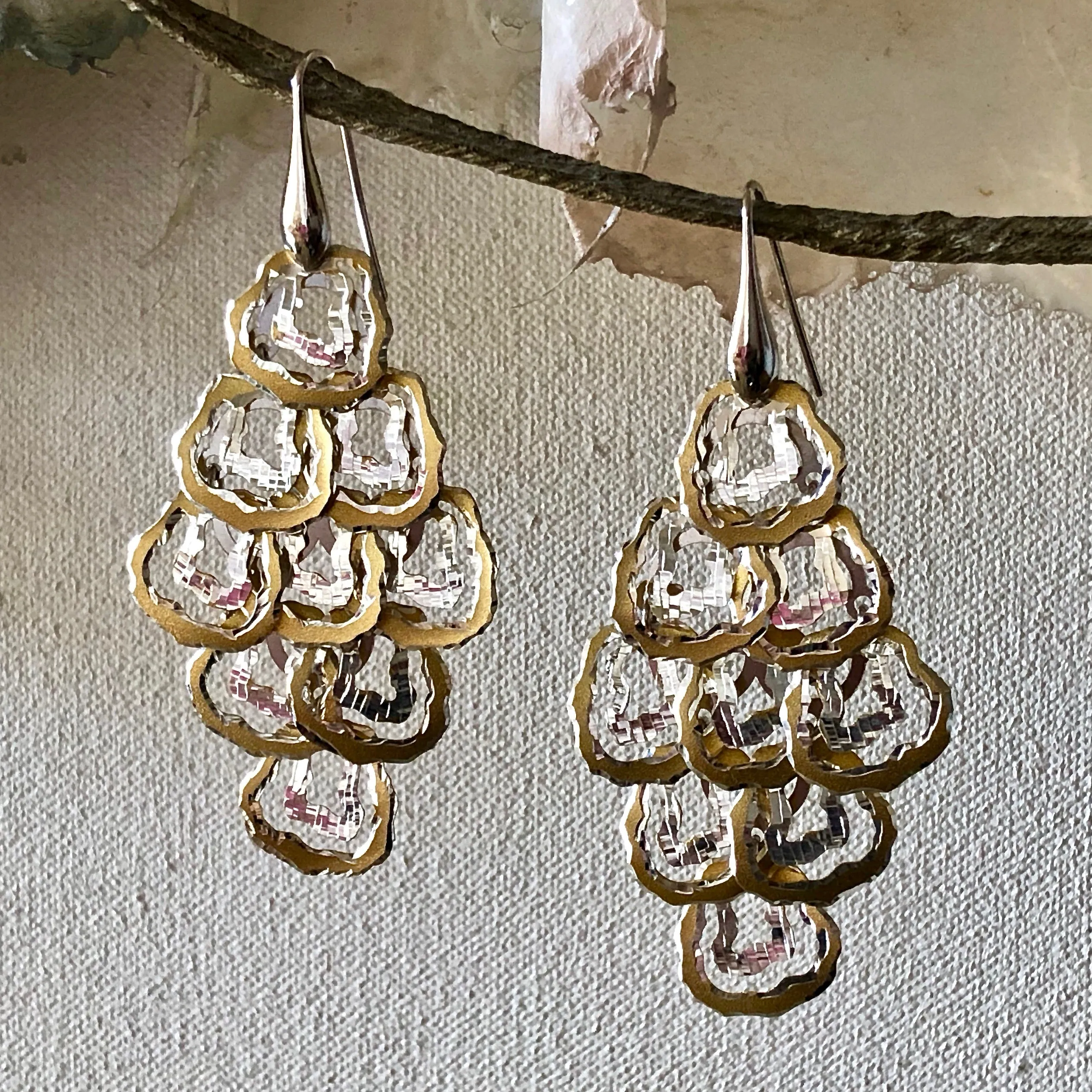 Laser-Cut Duo-tone Sterling Silver Exotic Leopard Spot Motif Chandelier Earrings from Italy