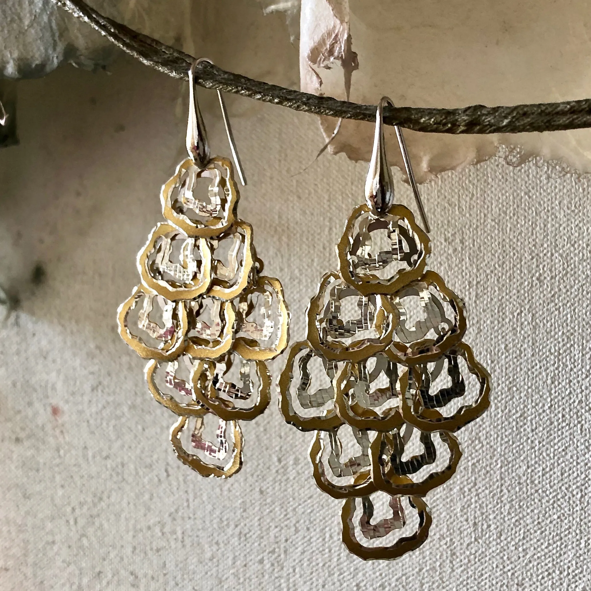 Laser-Cut Duo-tone Sterling Silver Exotic Leopard Spot Motif Chandelier Earrings from Italy