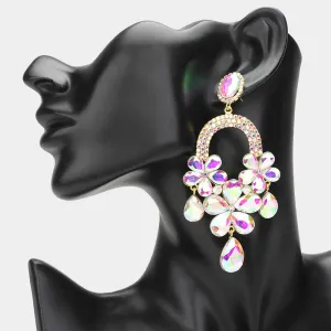 Long AB Flower Teardrop Chandelier Pageant Earrings on Gold | Large Crystal Earrings |  644906
