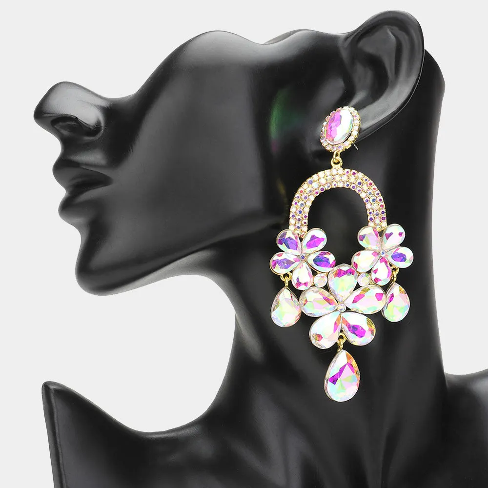 Long AB Flower Teardrop Chandelier Pageant Earrings on Gold | Large Crystal Earrings |  644906