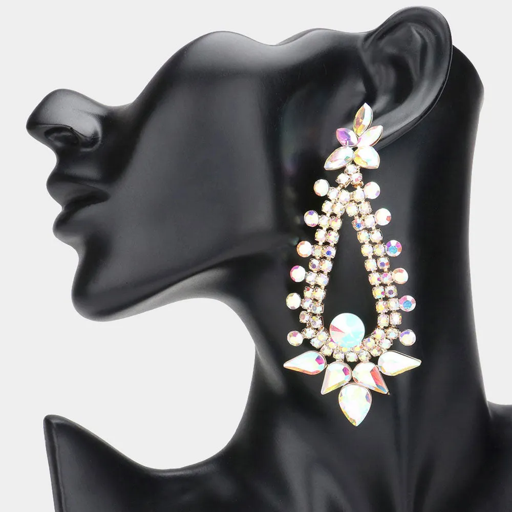 Long AB Teardrop and Round Stone Chandelier Earrings on Gold | Pageant Earrings | Prom Earrings |  627247