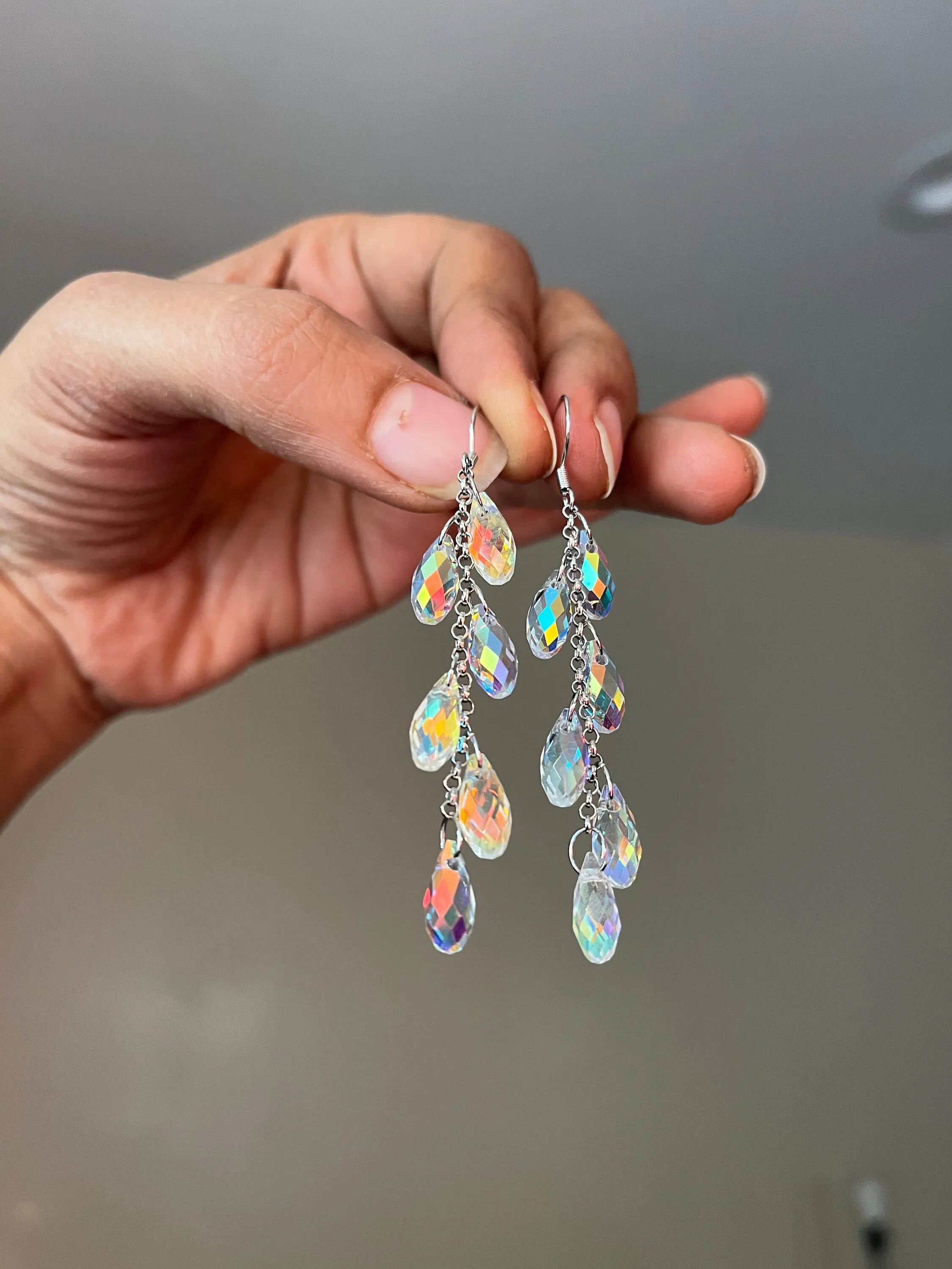 Long Aurora borealis earrings , long silver chain earrings , long iridescent earrings , long rainbow earrings , silver chandelier earrings