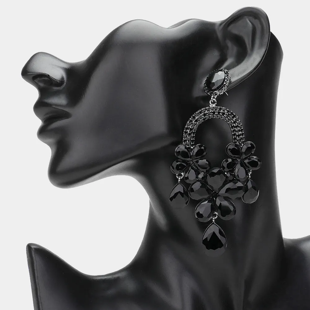 Long Black Flower Teardrop Chandelier Pageant Earrings | Large Crystal Earrings |  644907