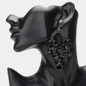 Long Black Flower Teardrop Chandelier Pageant Earrings | Large Crystal Earrings |  644907