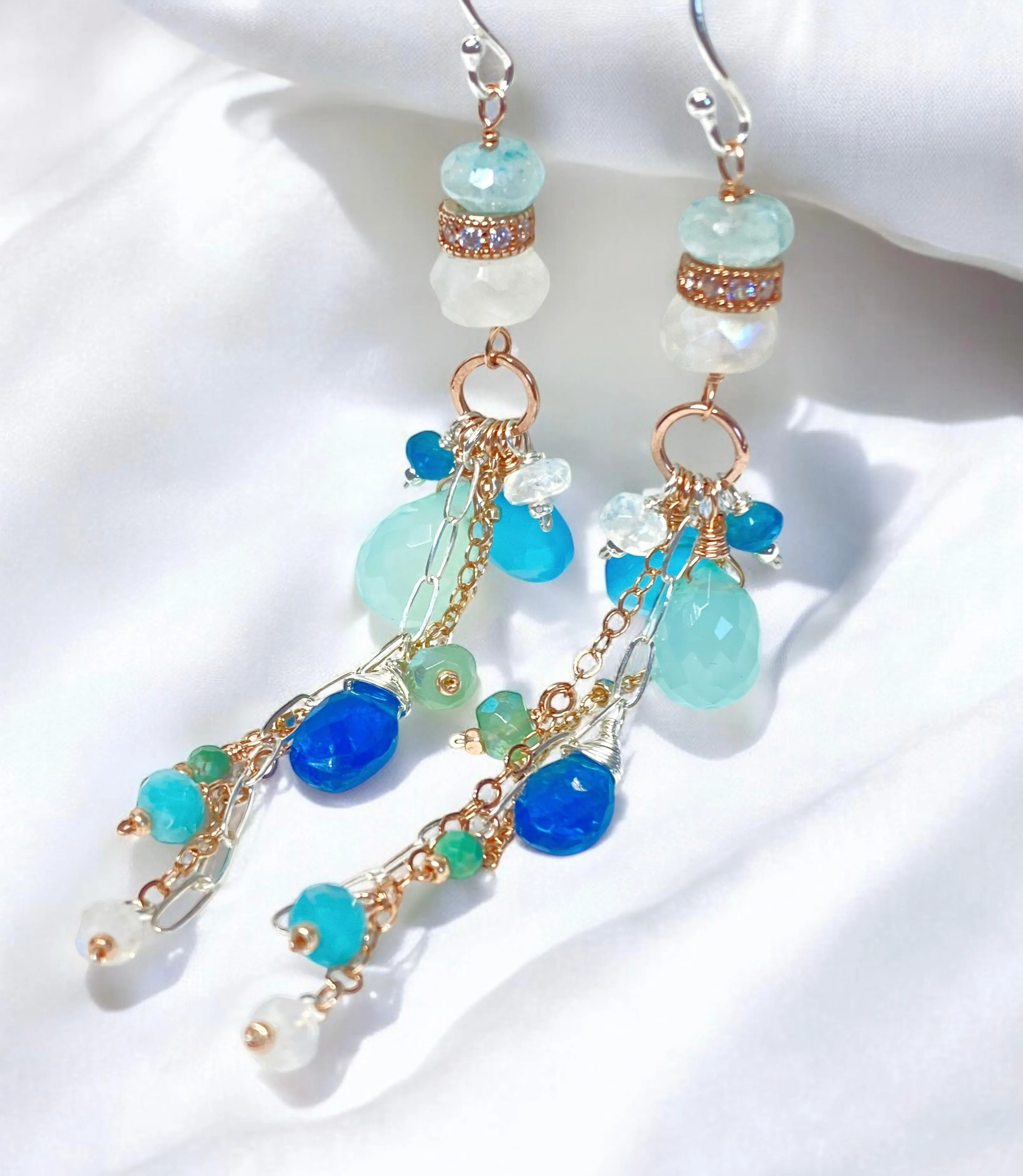 Long Boho Dangle Earrings with Aqua and Blue Chalcedony Mixed Metals