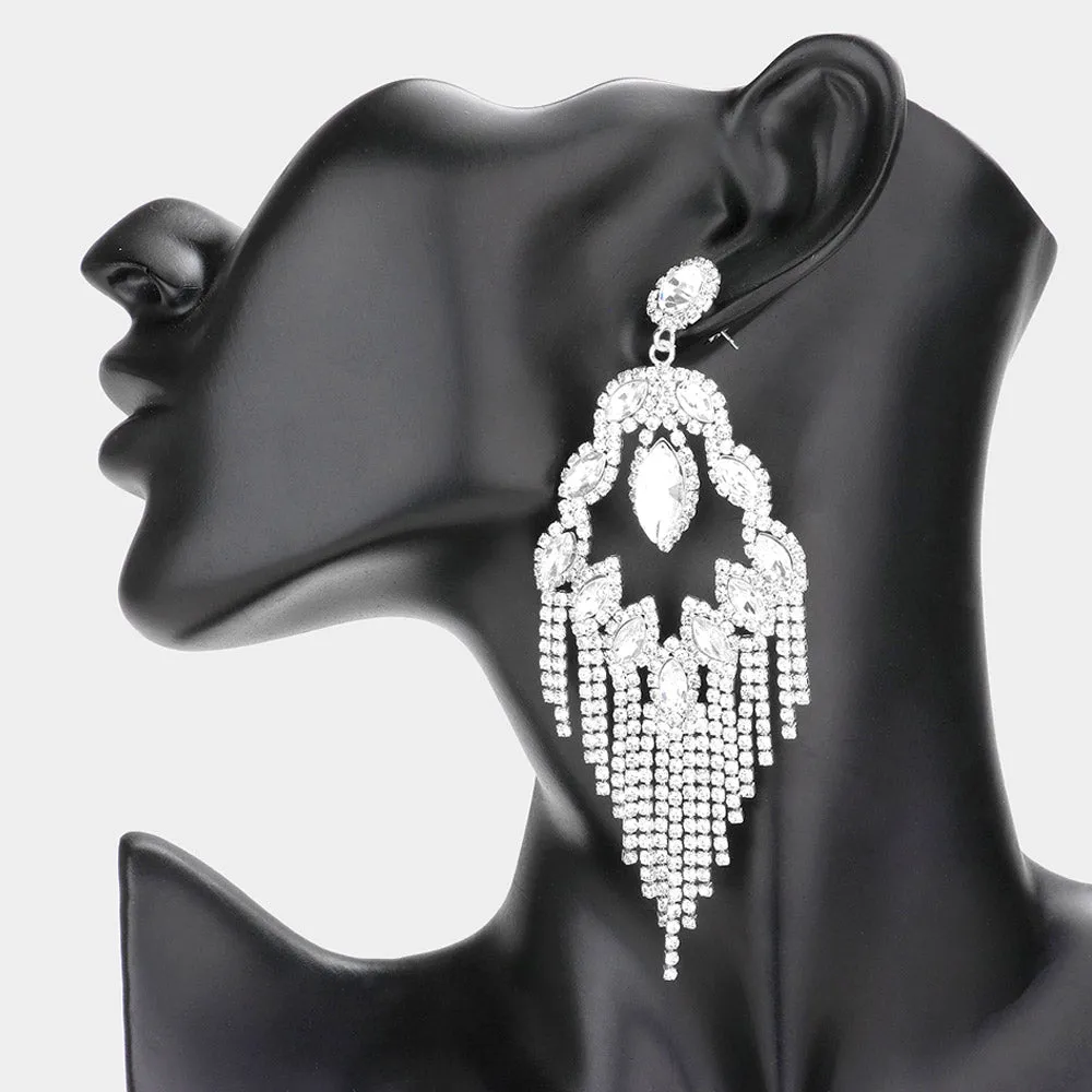 Long Clear Crystal Fringe Chandelier Pageant Earrings | Prom Jewelry | 579516