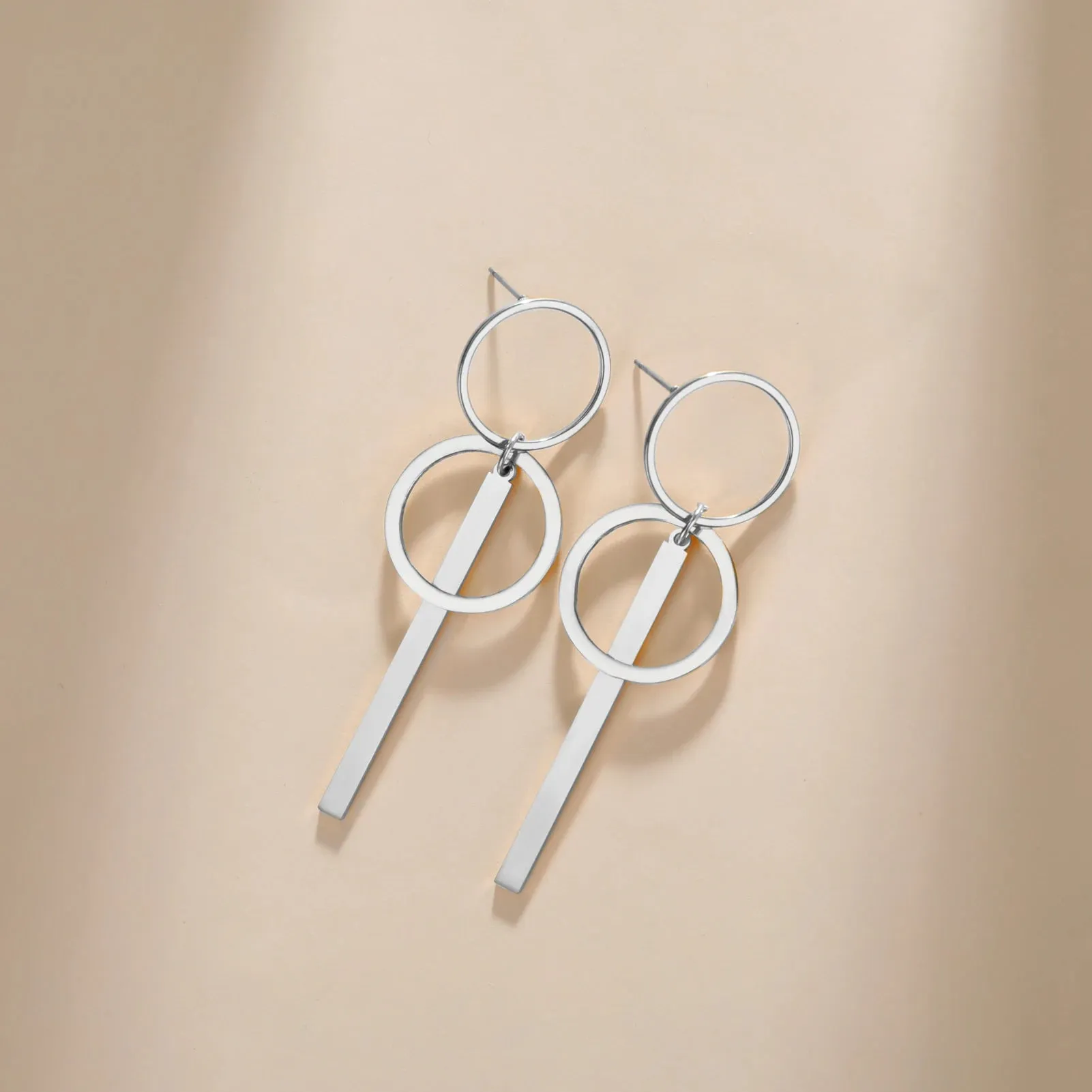 Long Double Circle Bar Dangle Stud Earrings