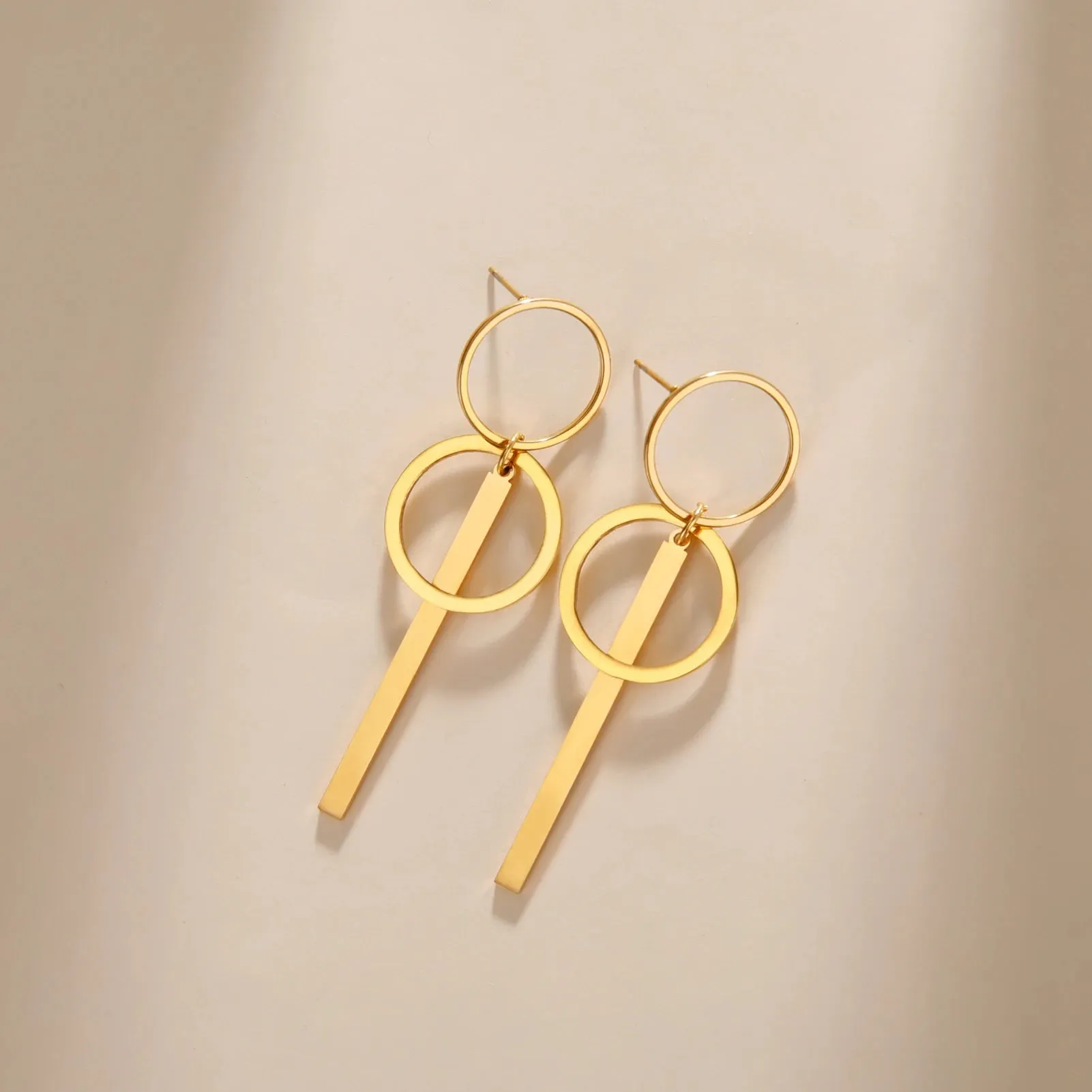 Long Double Circle Bar Dangle Stud Earrings