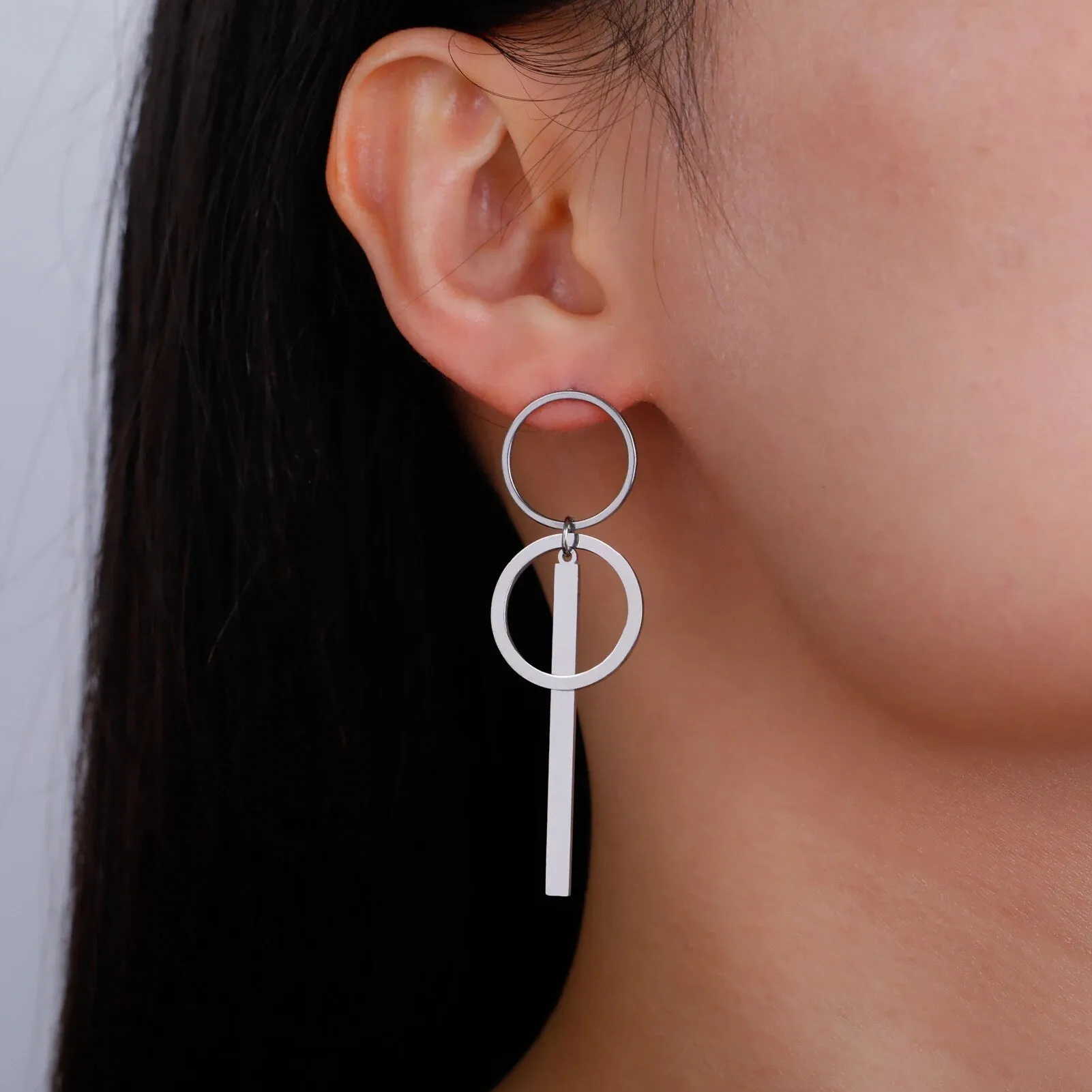 Long Double Circle Bar Dangle Stud Earrings