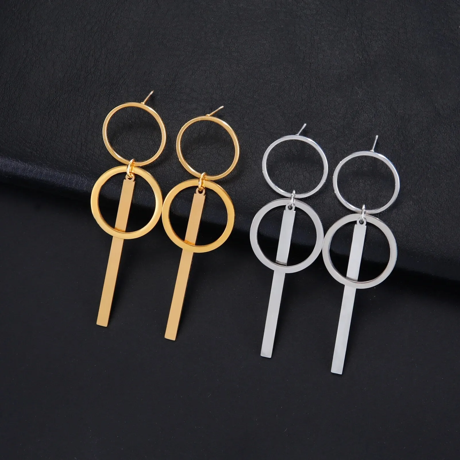 Long Double Circle Bar Dangle Stud Earrings