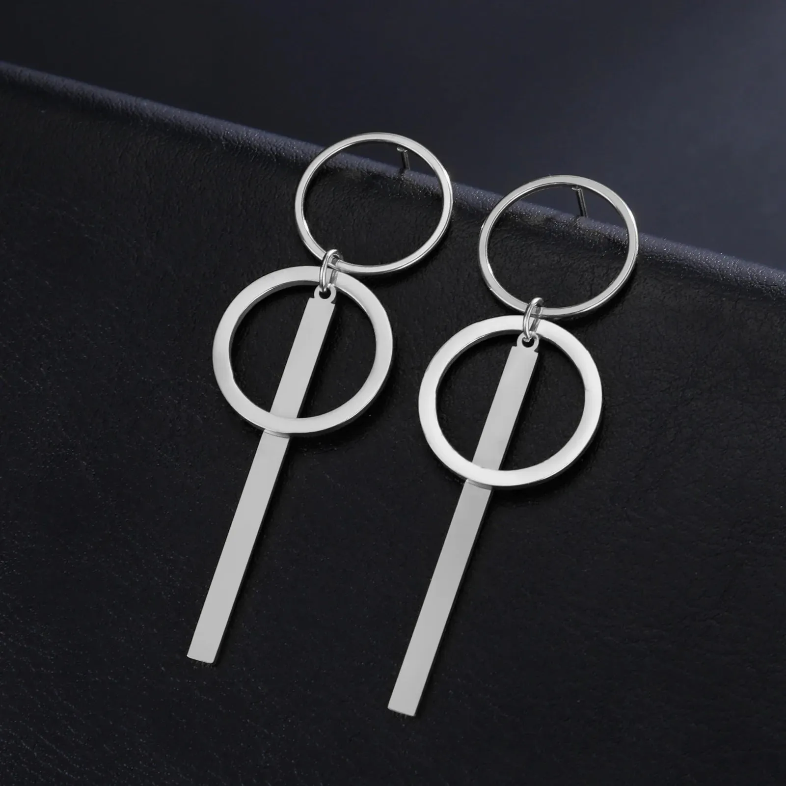 Long Double Circle Bar Dangle Stud Earrings