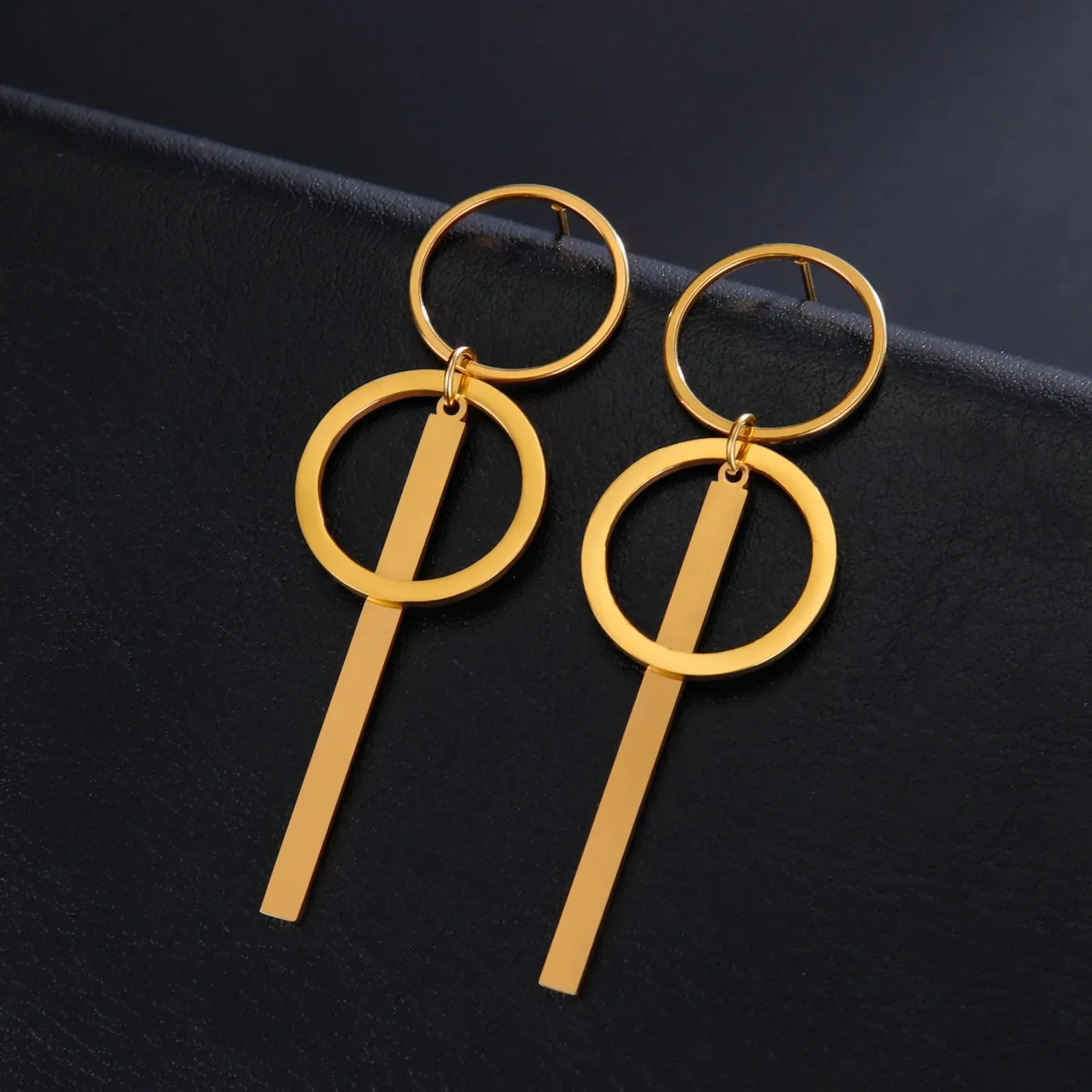 Long Double Circle Bar Dangle Stud Earrings