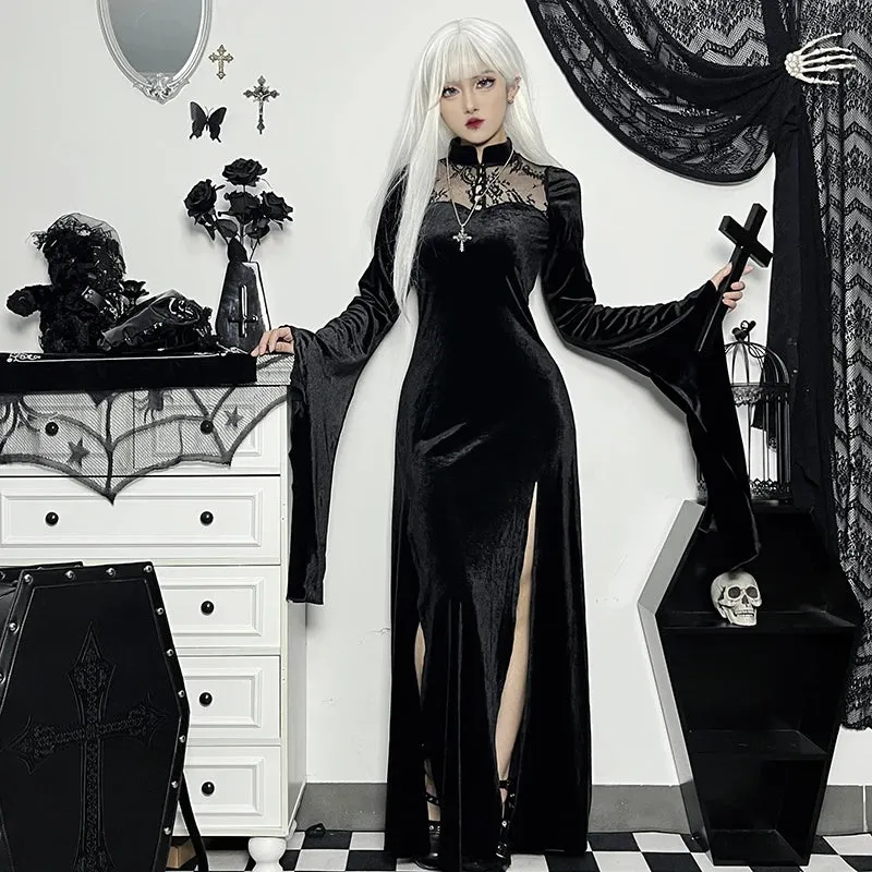 Long Dress Black High Waist Flared Sleeve Lace Cutout Gothic Maxi Dress