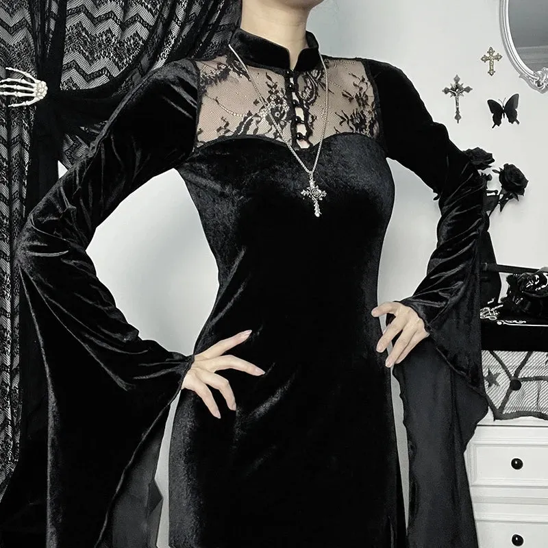 Long Dress Black High Waist Flared Sleeve Lace Cutout Gothic Maxi Dress
