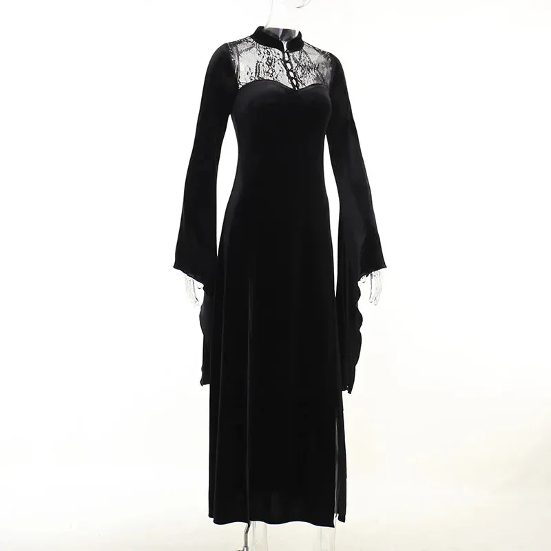 Long Dress Black High Waist Flared Sleeve Lace Cutout Gothic Maxi Dress