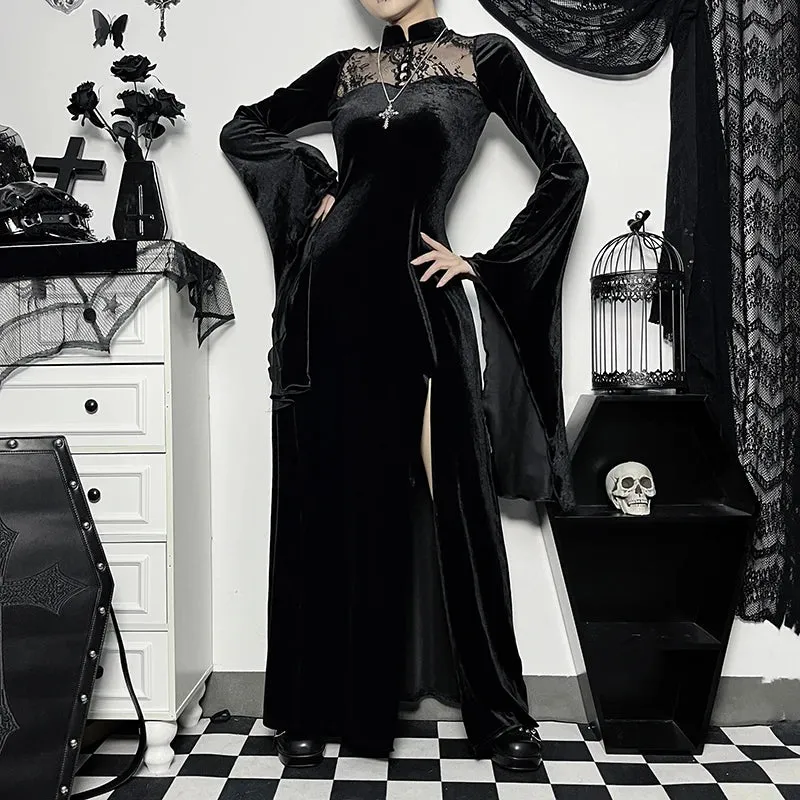 Long Dress Black High Waist Flared Sleeve Lace Cutout Gothic Maxi Dress