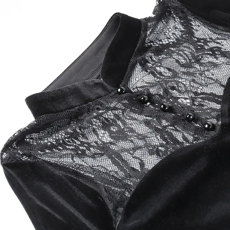 Long Dress Black High Waist Flared Sleeve Lace Cutout Gothic Maxi Dress
