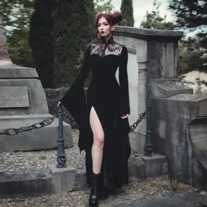 Long Dress Black High Waist Flared Sleeve Lace Cutout Gothic Maxi Dress