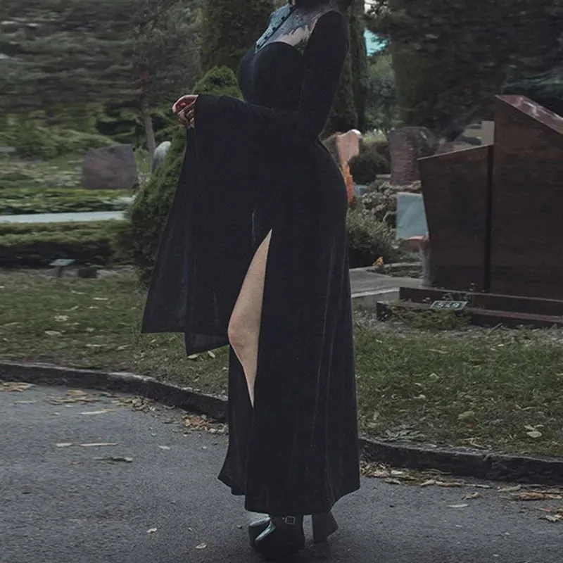 Long Dress Black High Waist Flared Sleeve Lace Cutout Gothic Maxi Dress