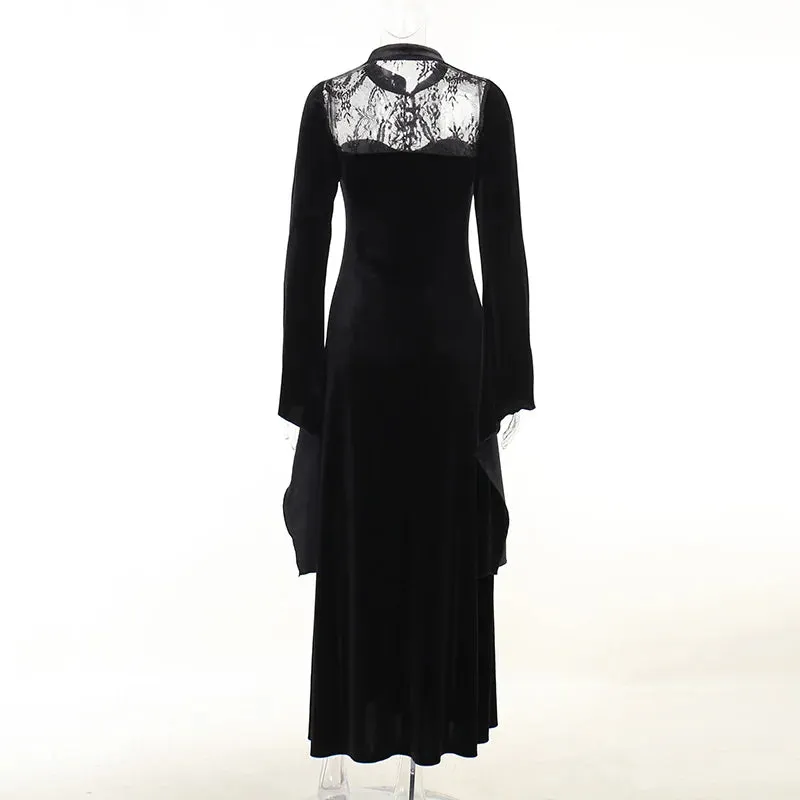 Long Dress Black High Waist Flared Sleeve Lace Cutout Gothic Maxi Dress