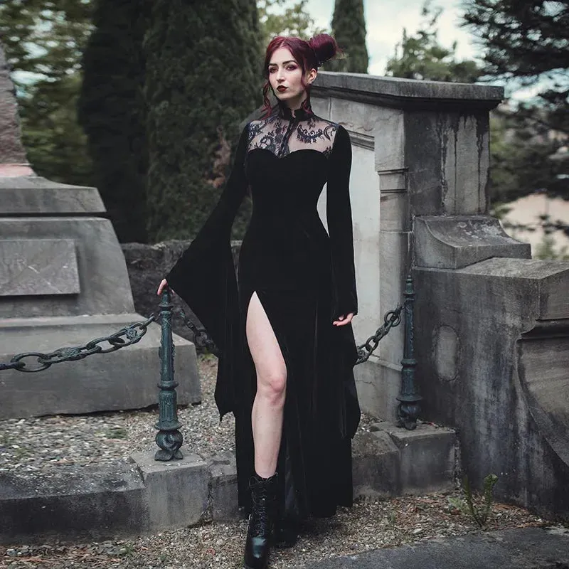 Long Dress Black High Waist Flared Sleeve Lace Cutout Gothic Maxi Dress
