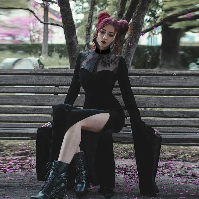 Long Dress Black High Waist Flared Sleeve Lace Cutout Gothic Maxi Dress
