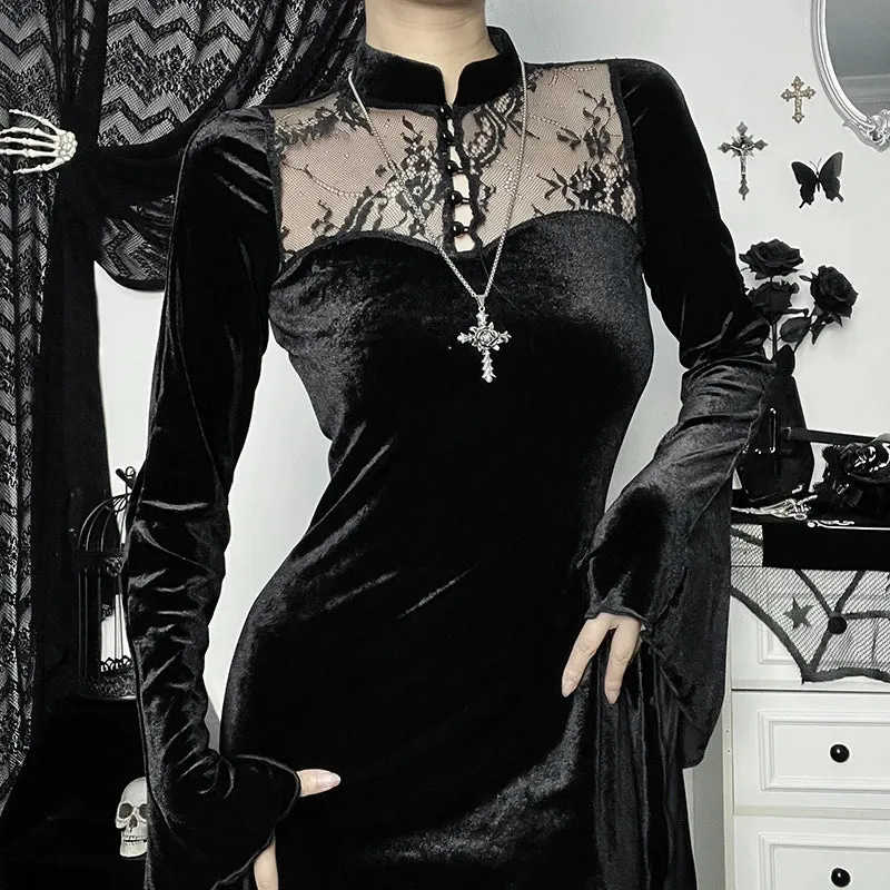 Long Dress Black High Waist Flared Sleeve Lace Cutout Gothic Maxi Dress
