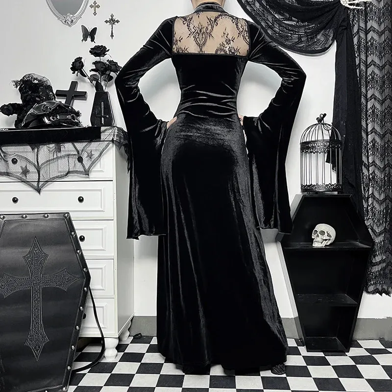 Long Dress Black High Waist Flared Sleeve Lace Cutout Gothic Maxi Dress