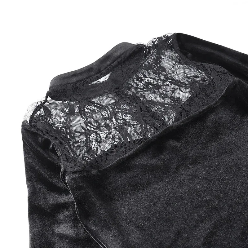 Long Dress Black High Waist Flared Sleeve Lace Cutout Gothic Maxi Dress