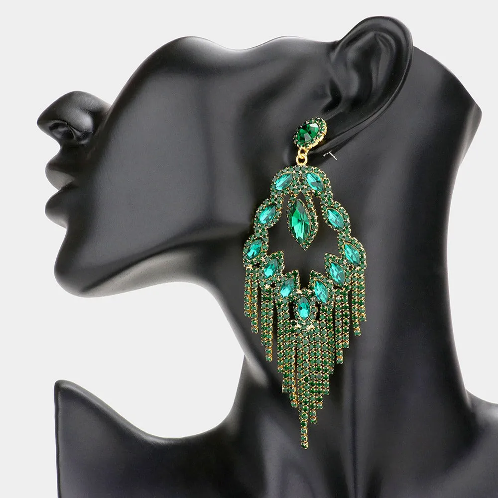 Long Emerald Crystal Fringe Chandelier Pageant Earrings  | Prom Jewelry | 579539