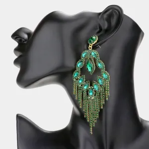 Long Emerald Crystal Fringe Chandelier Pageant Earrings  | Prom Jewelry | 579539