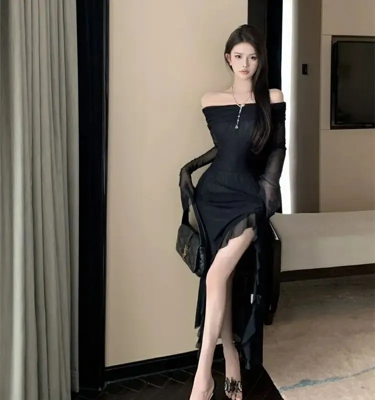 Long Off Shoulder Elegant Irregular Ruffles Split Evening Party Dress