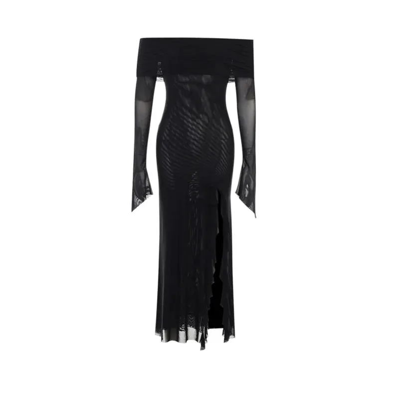 Long Off Shoulder Elegant Irregular Ruffles Split Evening Party Dress