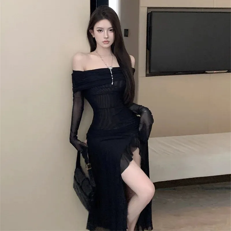 Long Off Shoulder Elegant Irregular Ruffles Split Evening Party Dress