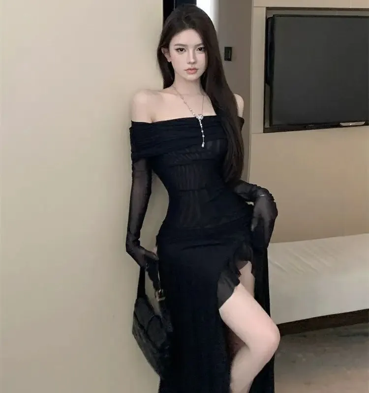 Long Off Shoulder Elegant Irregular Ruffles Split Evening Party Dress