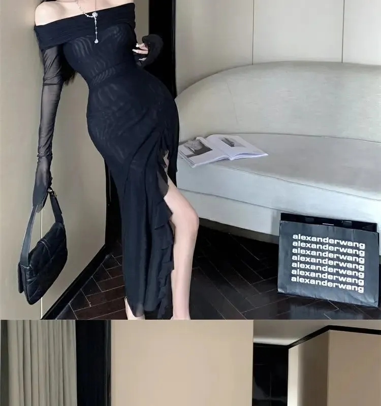 Long Off Shoulder Elegant Irregular Ruffles Split Evening Party Dress
