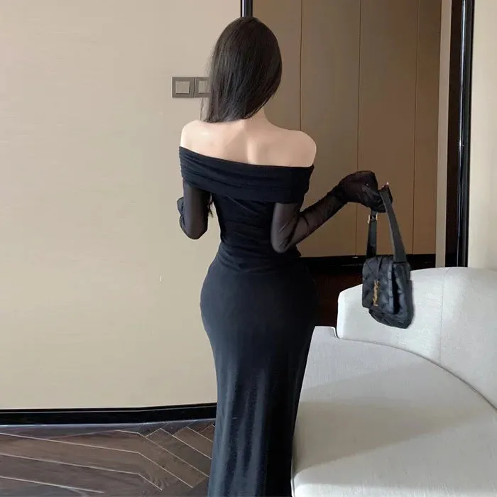 Long Off Shoulder Elegant Irregular Ruffles Split Evening Party Dress