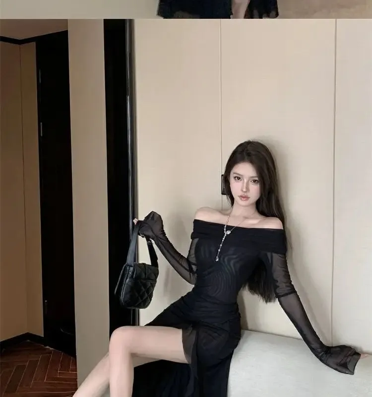 Long Off Shoulder Elegant Irregular Ruffles Split Evening Party Dress
