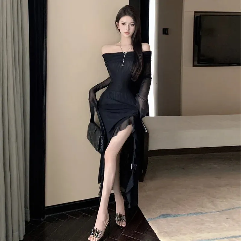 Long Off Shoulder Elegant Irregular Ruffles Split Evening Party Dress
